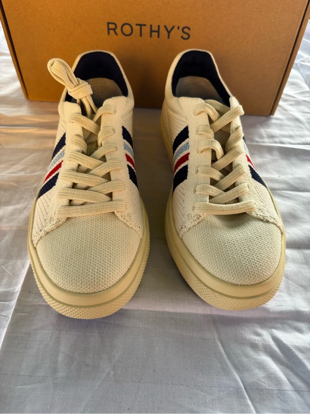 Rothy's Cream Knit Sneakers with Navy, Red & Light Blue Stripes